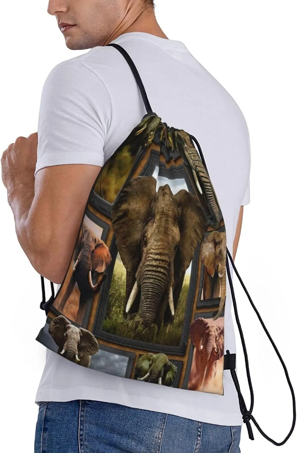 3D African Elephants Drawstring Gym Bags Draw String Bags Drawstring Backpack for Sports, Gym, Travel, Swimming, Beach