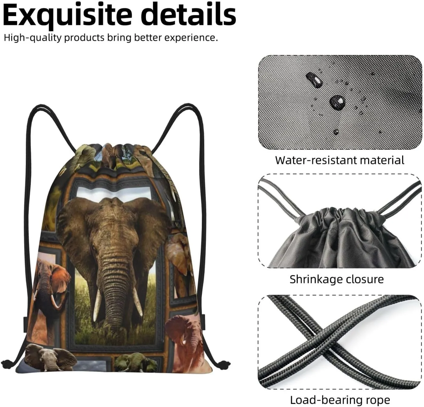 3D African Elephants Drawstring Gym Bags Draw String Bags Drawstring Backpack for Sports, Gym, Travel, Swimming, Beach