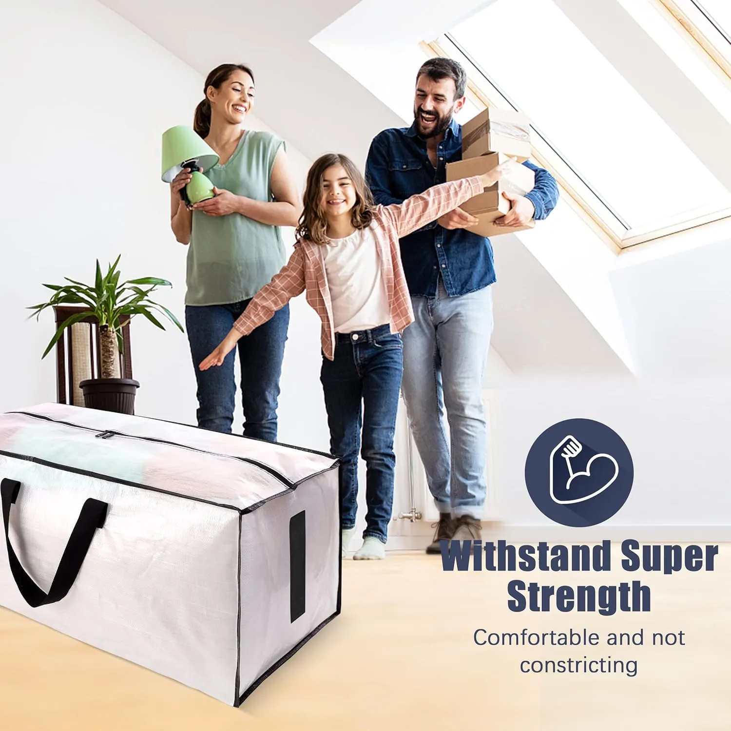 4 Pack Large Strong Moving Bags with Zippers & Carrying Handles - Water-Resistant - Heavy Duty Storage Tote for Space Saving, Fold Flat, Alternative to Moving Box (Semi-Transparent)