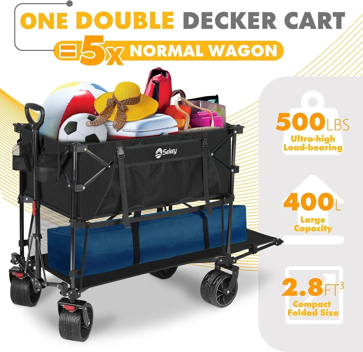 400L Large Capacity Folding Double Decker Wagon with Brakes, 50" Extra Long Extender Cart, 500lbs Heavy Duty Collapsible Wagons, All-Terrain Big Wheels for Camping, Sports, Shopping. Black