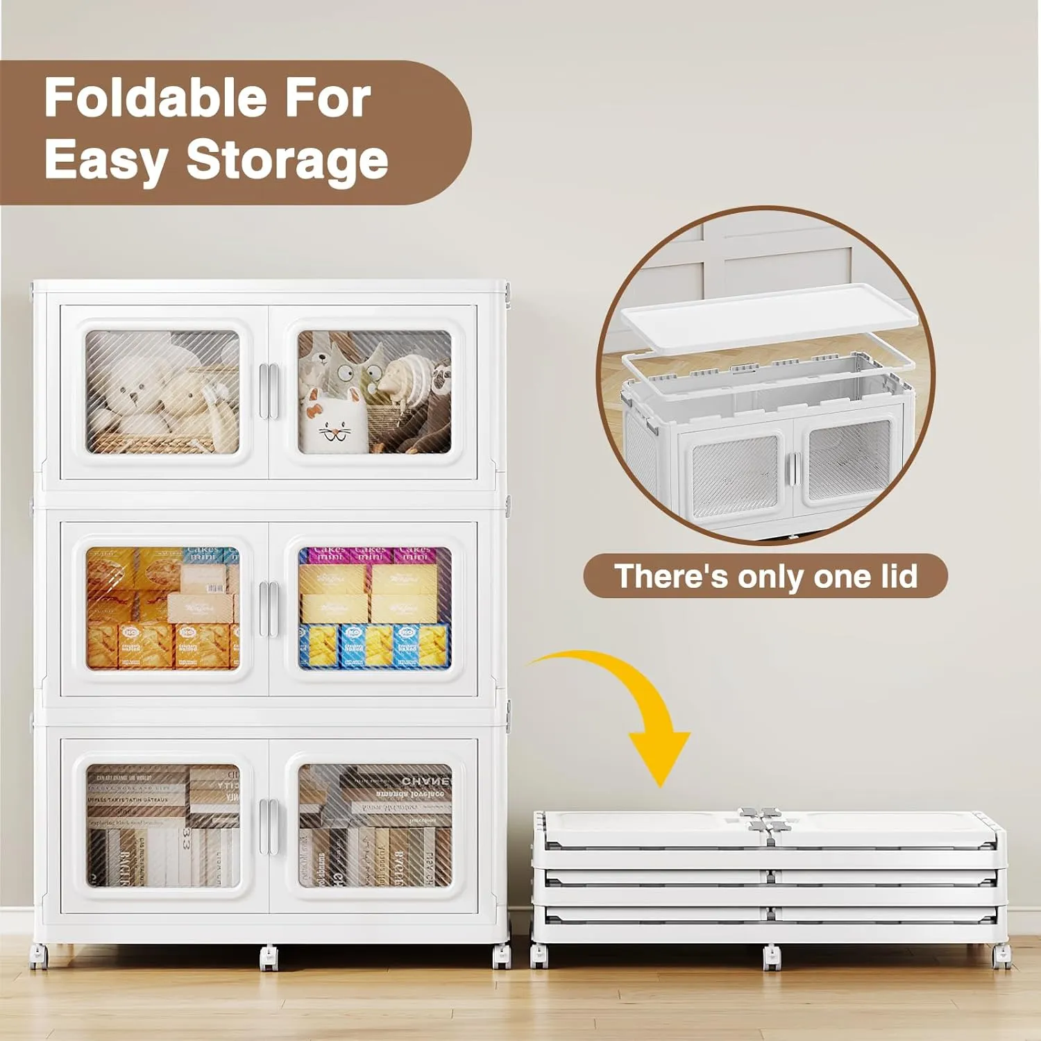 55Gal Extra Large Storage Bins with Lid, 220Qt Plastic Stackable Storage Bins with Wheels, Collapsible Closet Organizer and Storage Drawers, Storage Cabinets for Home, Office, 1 Pack, White