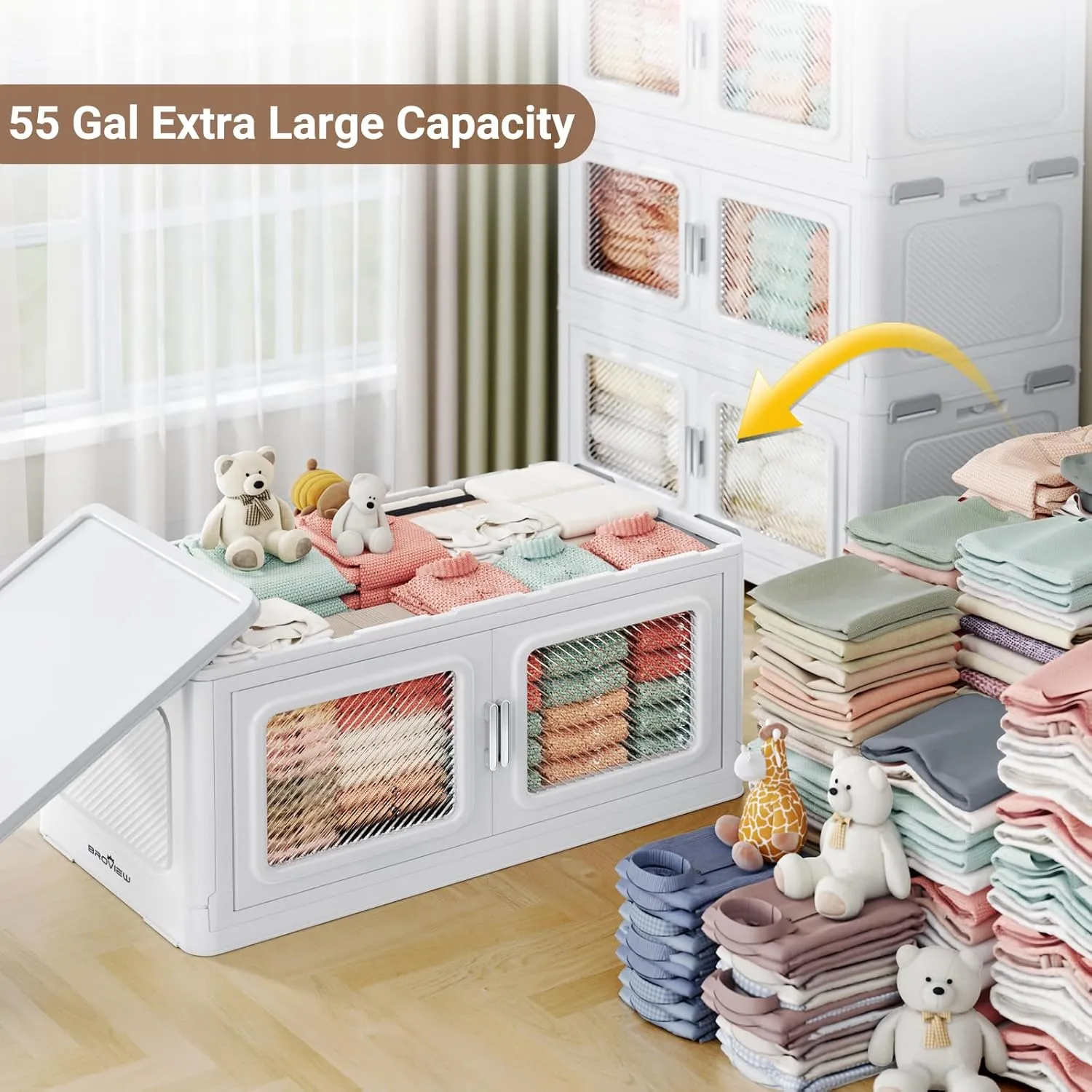 55Gal Extra Large Storage Bins with Lid, 220Qt Plastic Stackable Storage Bins with Wheels, Collapsible Closet Organizer and Storage Drawers, Storage Cabinets for Home, Office, 1 Pack, White