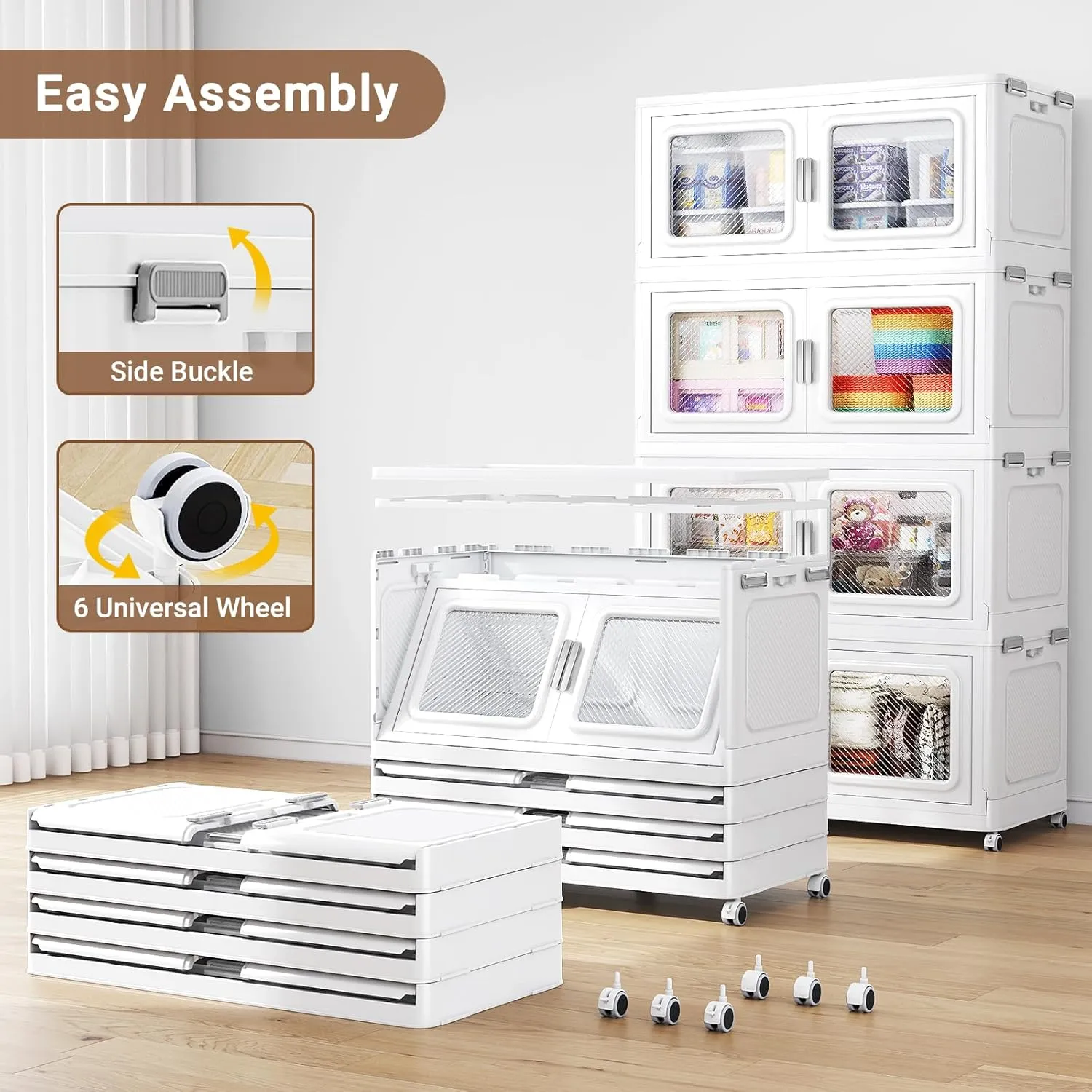 55Gal Extra Large Storage Bins with Lid, 220Qt Plastic Stackable Storage Bins with Wheels, Collapsible Closet Organizer and Storage Drawers, Storage Cabinets for Home, Office, 1 Pack, White