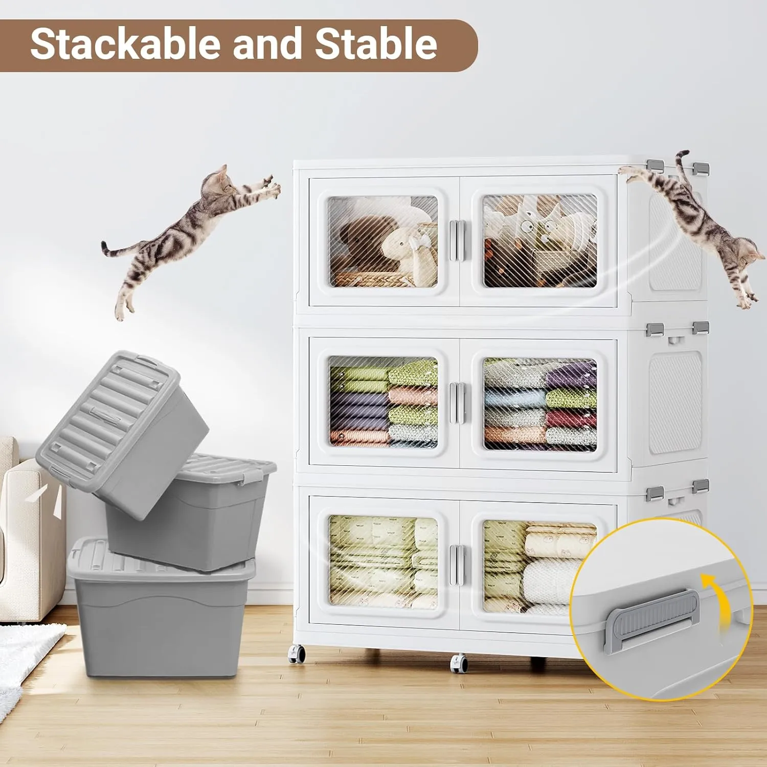 55Gal Extra Large Storage Bins with Lid, 220Qt Plastic Stackable Storage Bins with Wheels, Collapsible Closet Organizer and Storage Drawers, Storage Cabinets for Home, Office, 1 Pack, White