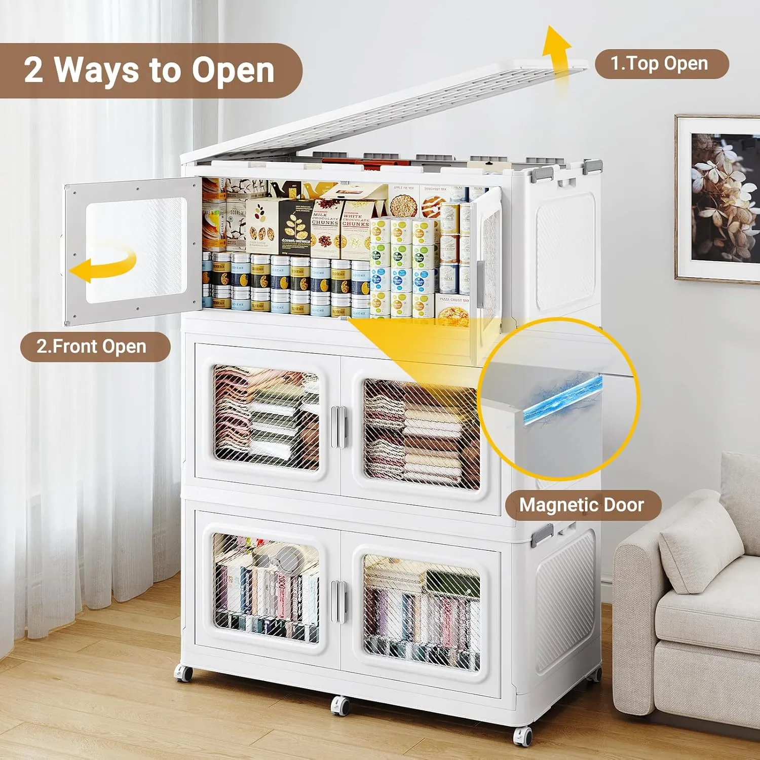 55Gal Extra Large Storage Bins with Lid, 220Qt Plastic Stackable Storage Bins with Wheels, Collapsible Closet Organizer and Storage Drawers, Storage Cabinets for Home, Office, 1 Pack, White