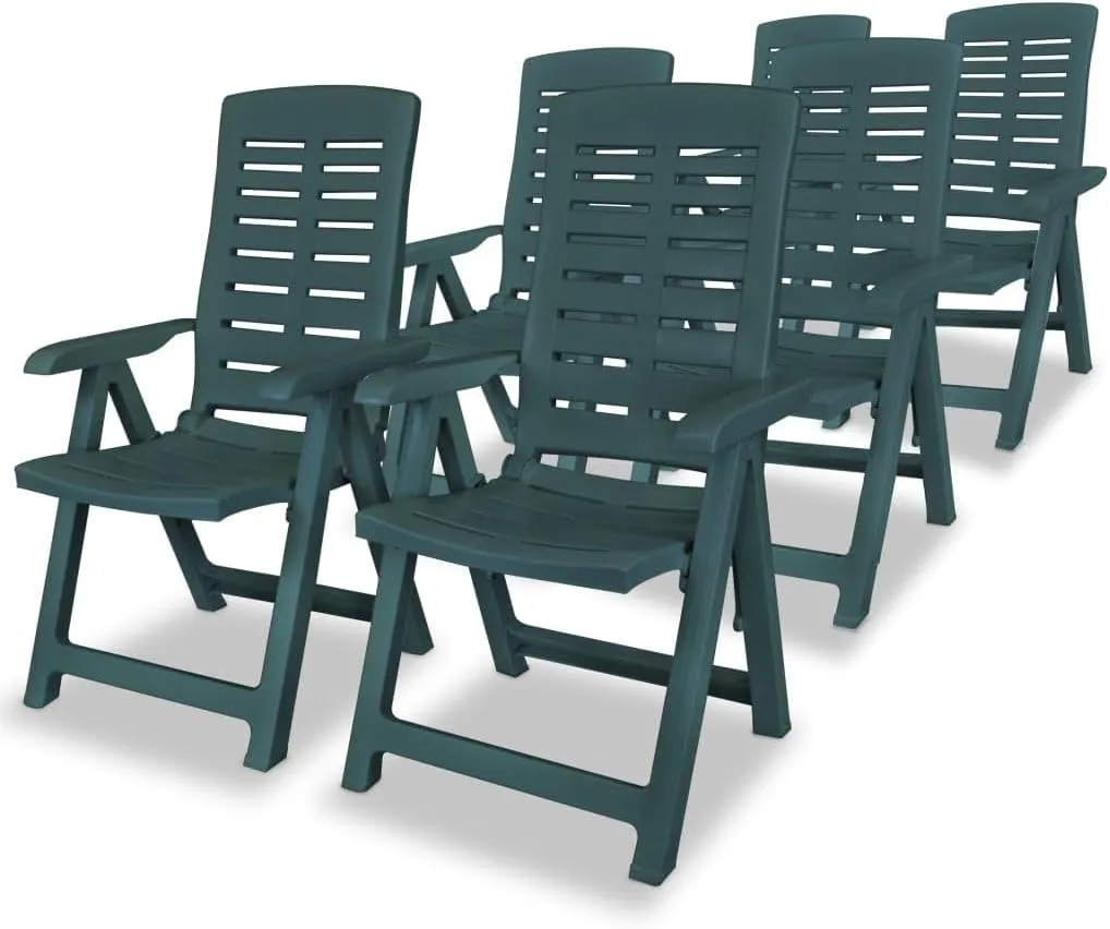 6-Pack Plastic Reclining Patio Chairs Outdoor Furniture Green Foldable Lounge Chairs with 4 Adjustable Positions for Garden Poolside and Beach Camping