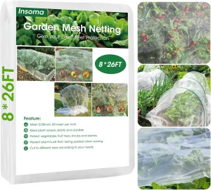 8x26Ft Garden Netting for Raised Bed, Thickened 60 Mesh Bird Netting for Garden Protection, Mesh Insect Row Covers for Plant Pest Barrier Fruits Flowers Crops Greenhouse Protect from Birds Bugs