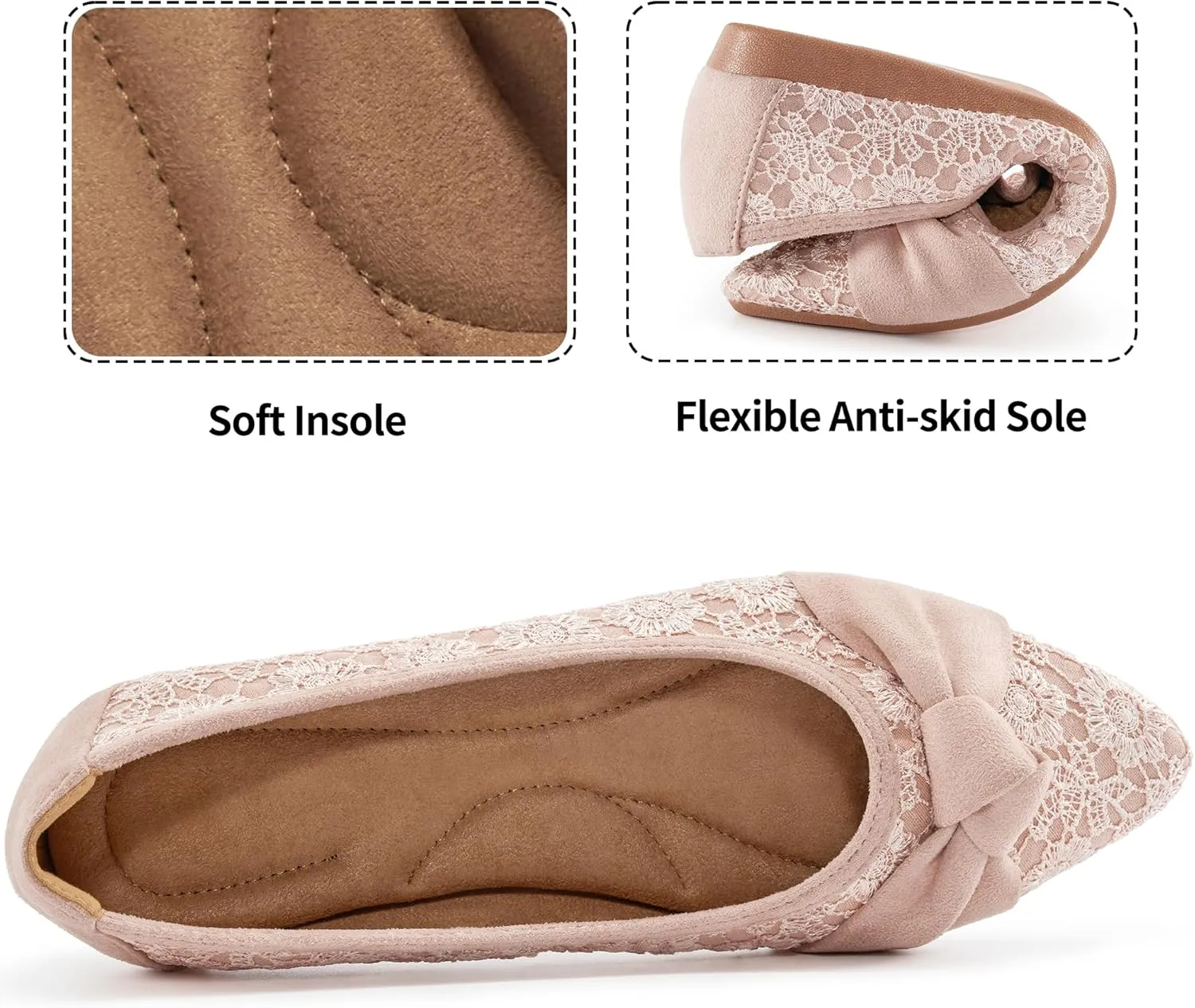 Ablanczoom Dress Shoes for Womens Flats: Dressy Comfortable Pointed Toe Bow Lace Mesh Ballet Flat Wedding Bridal Shoe for Women