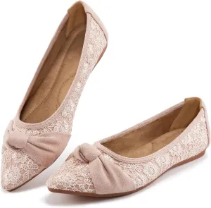 Ablanczoom Dress Shoes for Womens Flats: Dressy Comfortable Pointed Toe Bow Lace Mesh Ballet Flat Wedding Bridal Shoe for Women