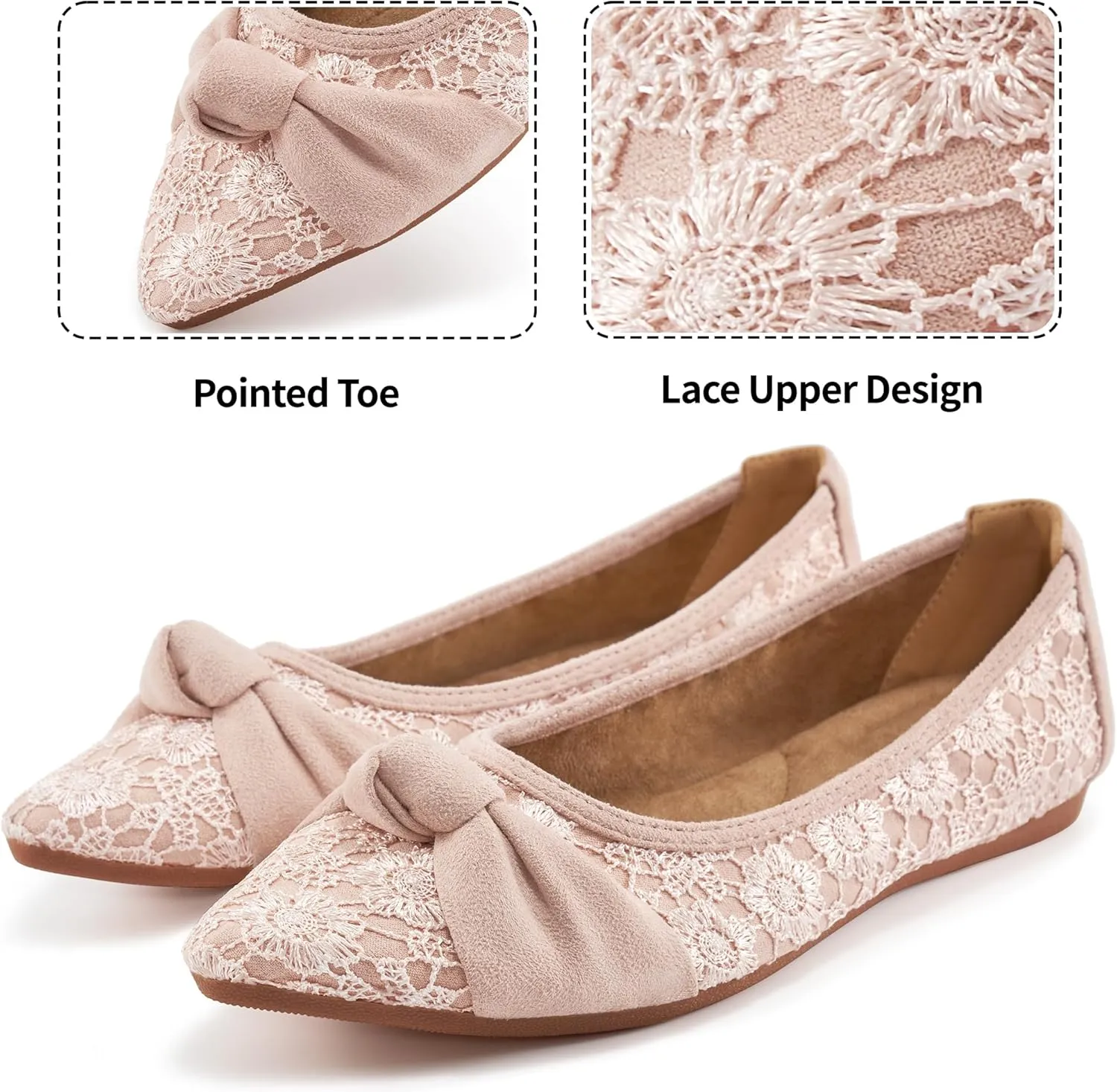 Ablanczoom Dress Shoes for Womens Flats: Dressy Comfortable Pointed Toe Bow Lace Mesh Ballet Flat Wedding Bridal Shoe for Women