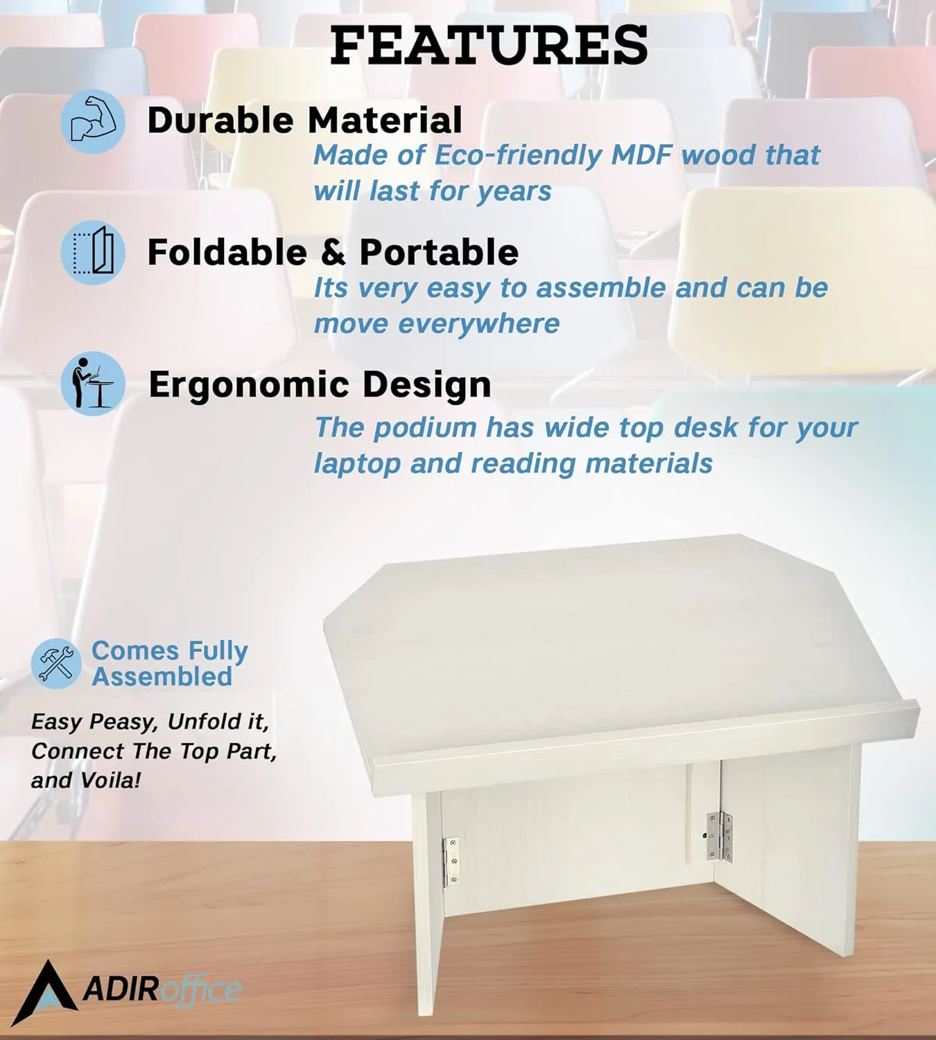 AdirOffice Tabletop Podium, Folding Podium Ideal as a Tabletop Lectern, White