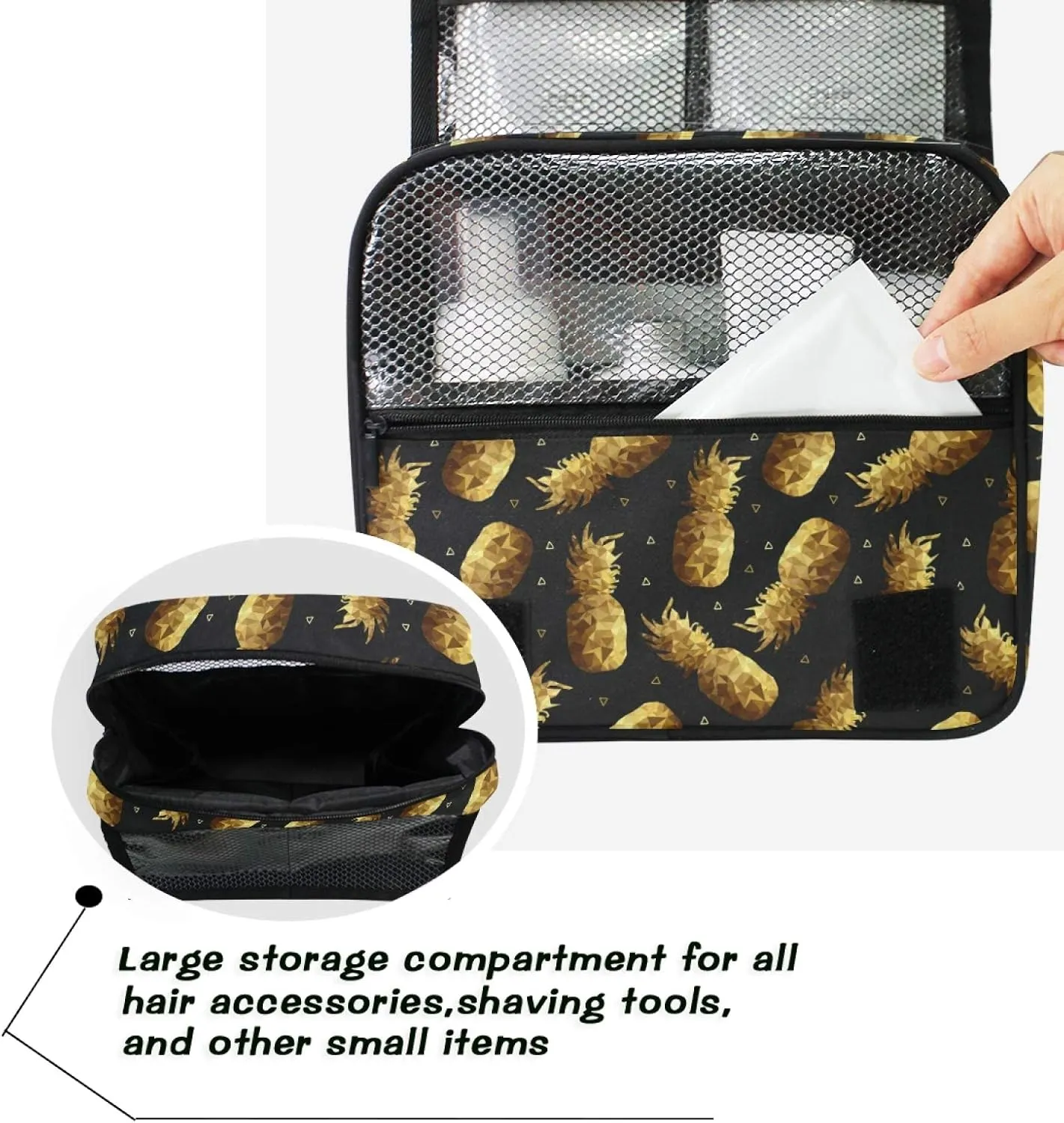 ALAZA Gold Pineapple Hanging Toiletry Bag for Women Travel Cosmetics Bag Large Capacity Makeup Pouch with Hook Bathroom Storage Bag Waterproof