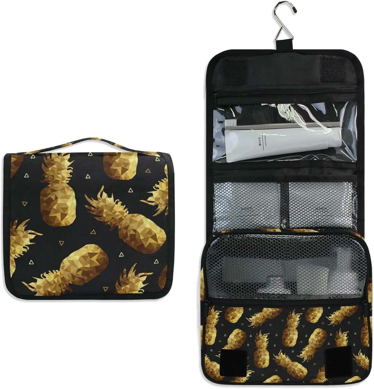 ALAZA Gold Pineapple Hanging Toiletry Bag for Women Travel Cosmetics Bag Large Capacity Makeup Pouch with Hook Bathroom Storage Bag Waterproof