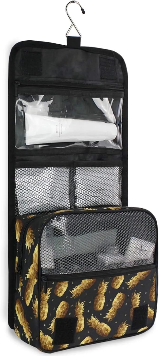 ALAZA Gold Pineapple Hanging Toiletry Bag for Women Travel Cosmetics Bag Large Capacity Makeup Pouch with Hook Bathroom Storage Bag Waterproof