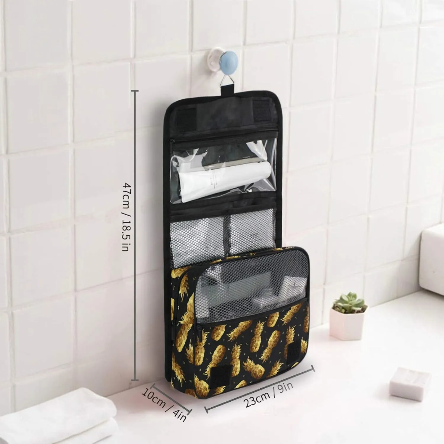 ALAZA Gold Pineapple Hanging Toiletry Bag for Women Travel Cosmetics Bag Large Capacity Makeup Pouch with Hook Bathroom Storage Bag Waterproof