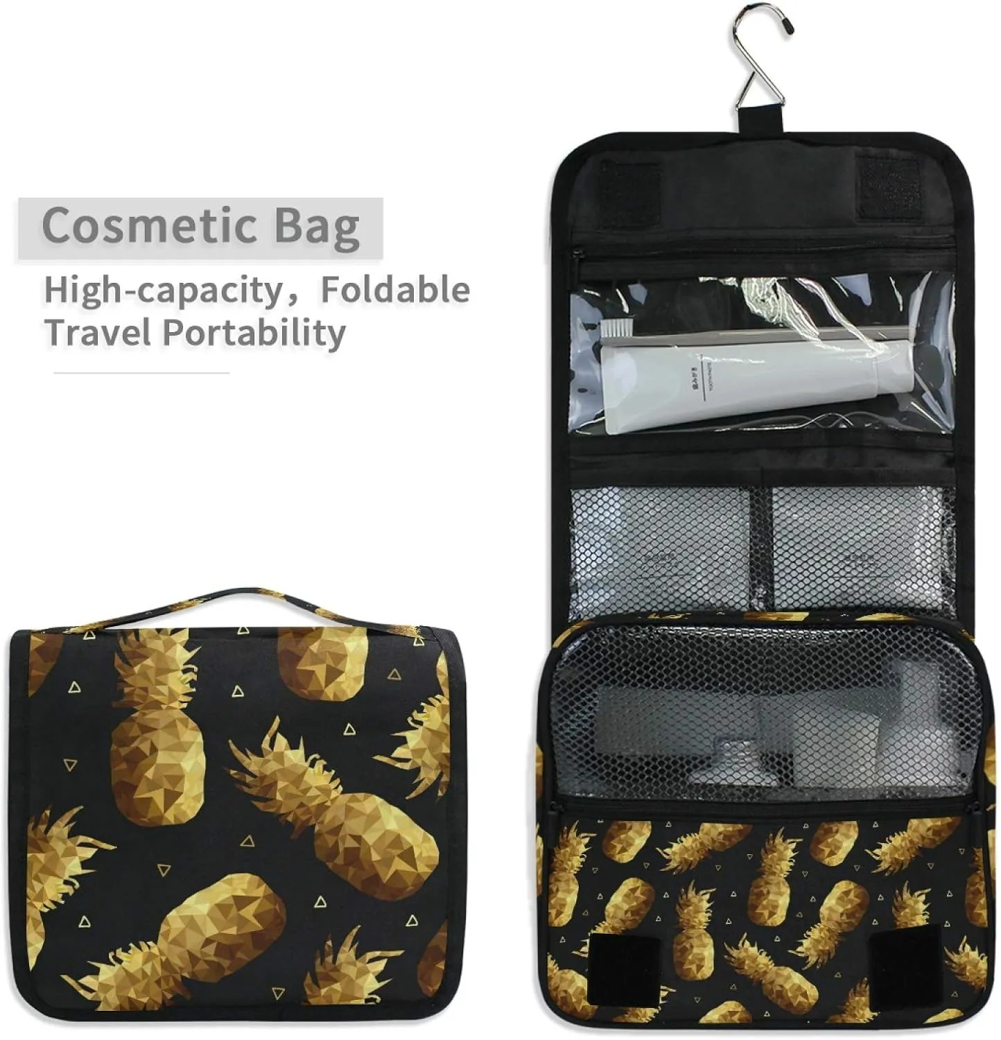 ALAZA Gold Pineapple Hanging Toiletry Bag for Women Travel Cosmetics Bag Large Capacity Makeup Pouch with Hook Bathroom Storage Bag Waterproof