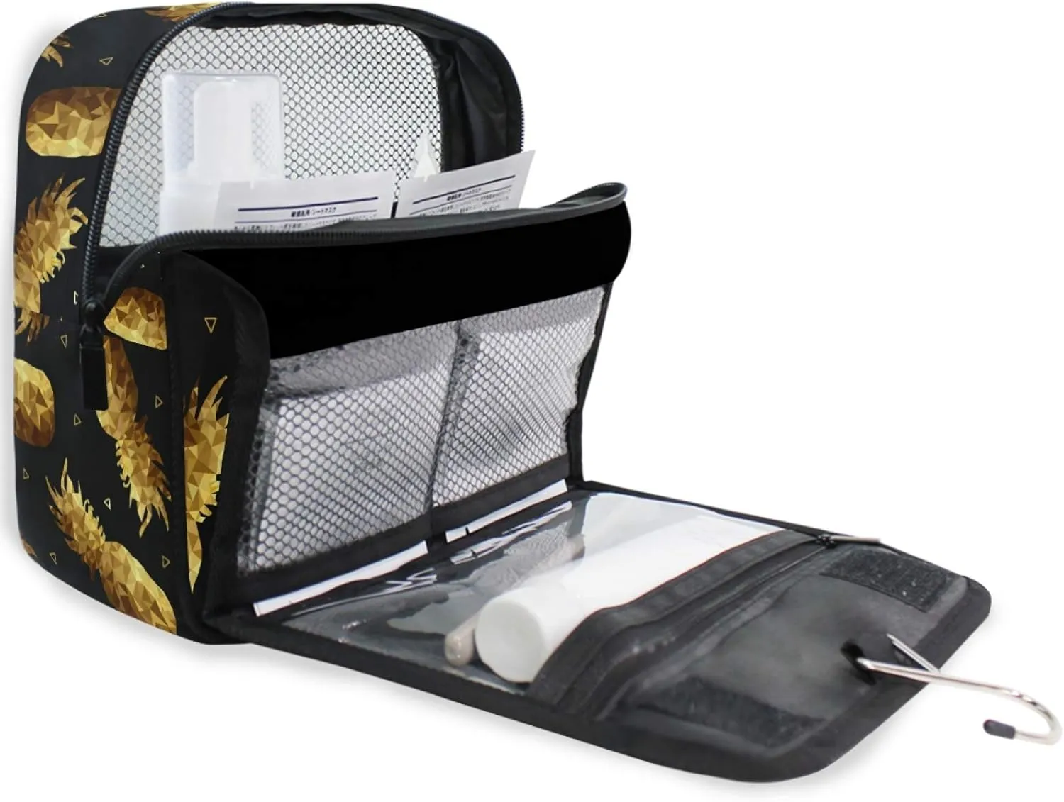 ALAZA Gold Pineapple Hanging Toiletry Bag for Women Travel Cosmetics Bag Large Capacity Makeup Pouch with Hook Bathroom Storage Bag Waterproof