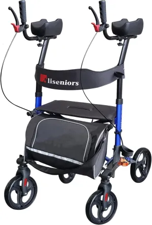 Aliseniors Upright Walker with Seat for Seniors, Extra-Wide Foldable Stand Up Rollator Walker with Padded Armrests, 8" All-Terrain Wheels, Medical Rolling Walkers for Adults, Supports 300lbs, Blue