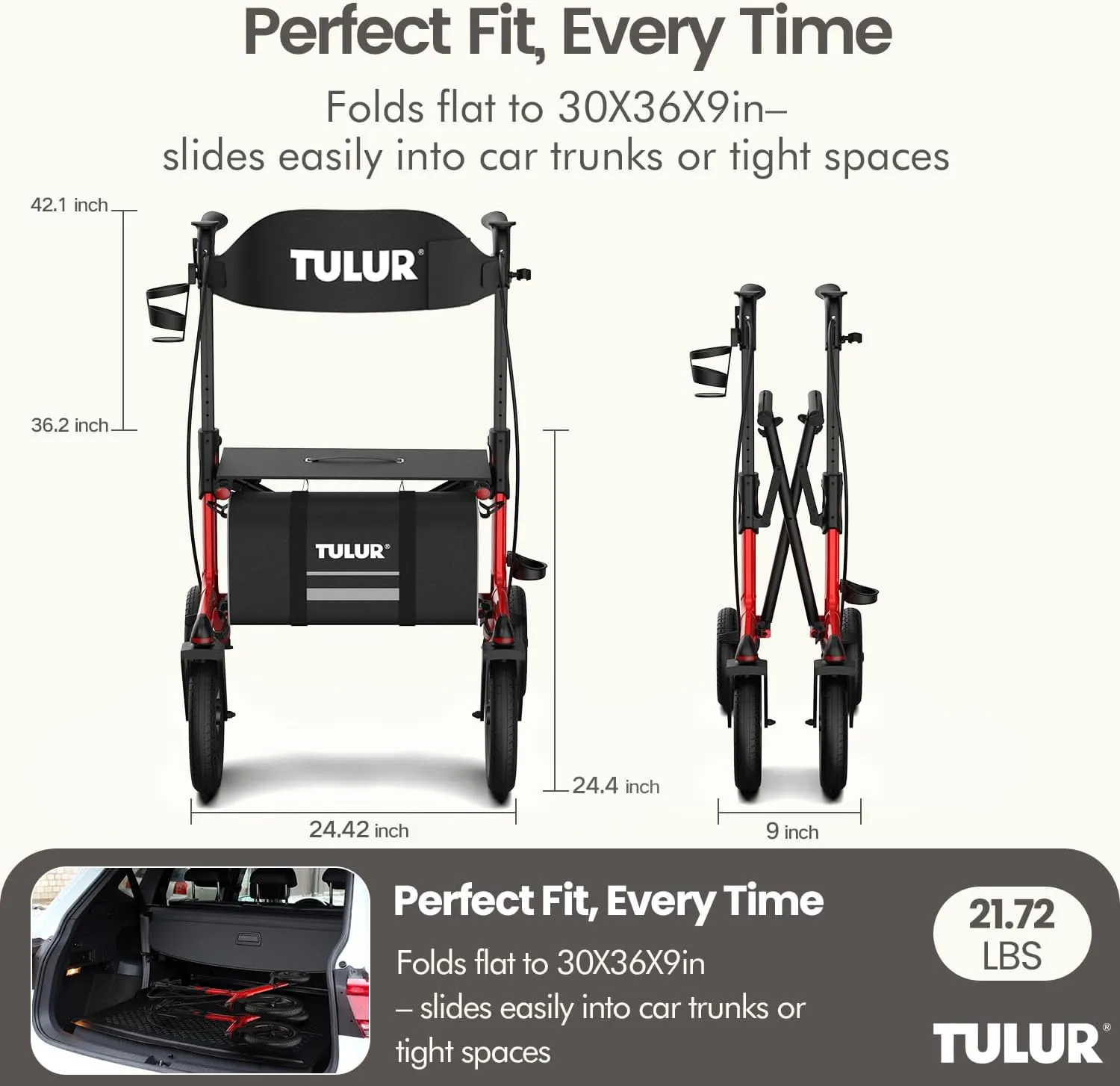 All-Terrain Rollator Walker for Seniors with Seat,12" Big Rubber Wheels,Foldable, Height Adjustable Mobility Aid, Built-in Safety Brakes, Cup Holder & Storage Bag,Lightweight & Portable(Red)