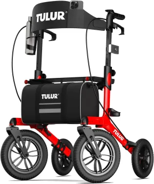 All-Terrain Rollator Walker for Seniors with Seat,12" Big Rubber Wheels,Foldable, Height Adjustable Mobility Aid, Built-in Safety Brakes, Cup Holder & Storage Bag,Lightweight & Portable(Red)