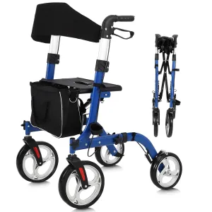 All Terrain Rollator Walker with Seat, Backrest, Handles, Walker for Seniors, 12" Rubber Wheels Foldable Lightweight Aluminum Walkers, Outdoor Rolling Walker Adjustable Height for Seniors Adults