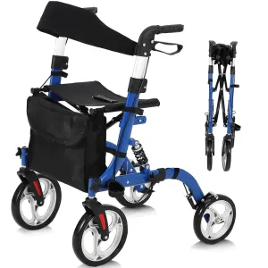All Terrain Walkers for Seniors, Rollator Walker with Seat, Shock Absorber 12 in Rubber Wheels Foldable Lightweight Aluminum Walkers with Backrest, Adjustable Height for Adults