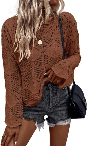 Allimy Womens Long Sleeve Hollow Out Crochet Crewneck Knitted Top Blouses Cover Up