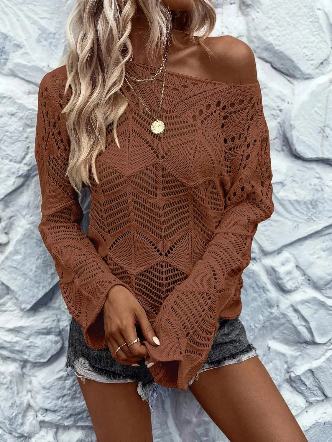 Allimy Womens Long Sleeve Hollow Out Crochet Crewneck Knitted Top Blouses Cover Up