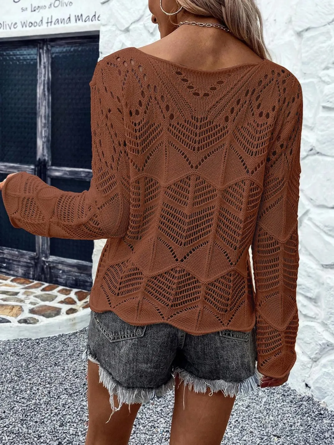 Allimy Womens Long Sleeve Hollow Out Crochet Crewneck Knitted Top Blouses Cover Up
