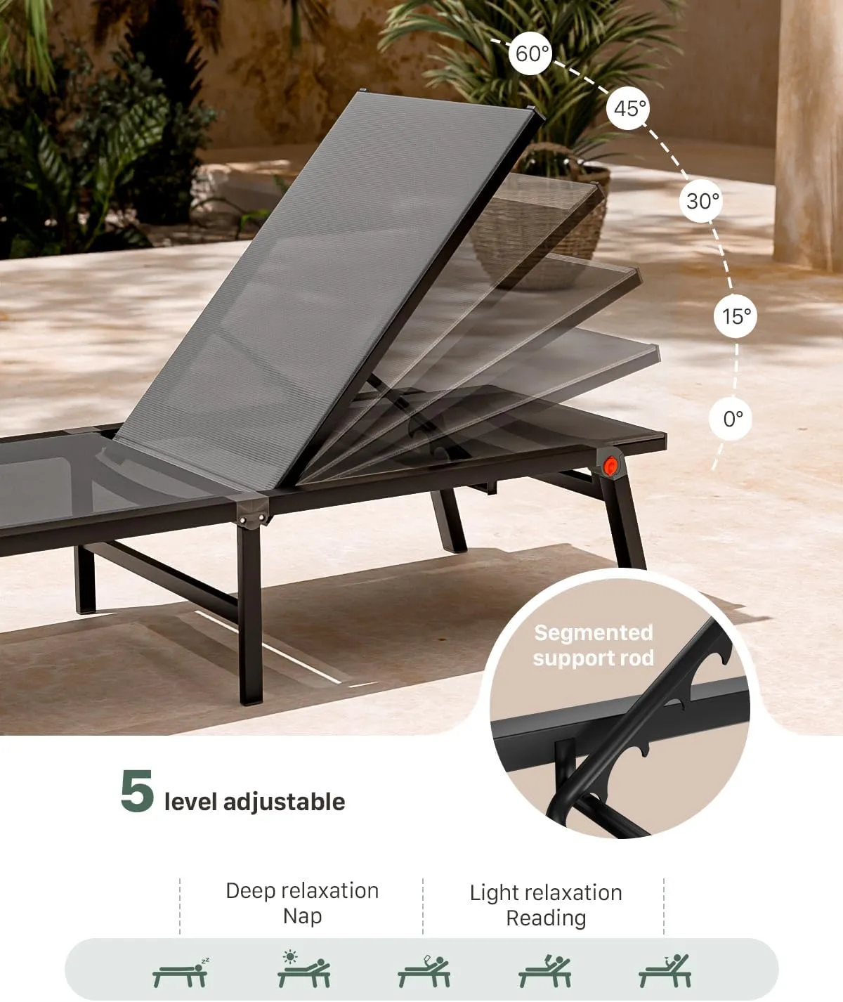 Aluminum Chaise Foldable Patio Lounge Chair Outdoor,Adjustable 5-Position Recliner Pool Lounge Chair,Full Flat Tanning Chair for Patio,Beach,Pool,Outdoor Lounge Chairs,Gray