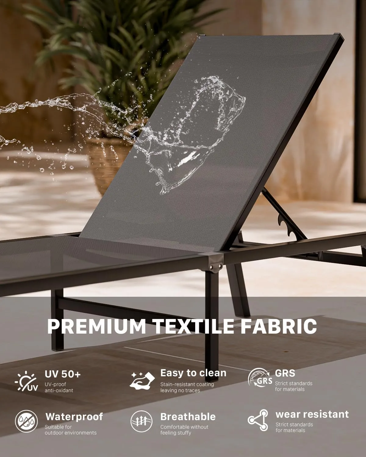 Aluminum Chaise Foldable Patio Lounge Chair Outdoor,Adjustable 5-Position Recliner Pool Lounge Chair,Full Flat Tanning Chair for Patio,Beach,Pool,Outdoor Lounge Chairs,Gray