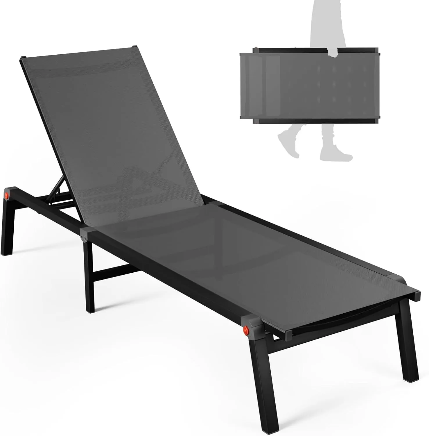 Aluminum Chaise Foldable Patio Lounge Chair Outdoor,Adjustable 5-Position Recliner Pool Lounge Chair,Full Flat Tanning Chair for Patio,Beach,Pool,Outdoor Lounge Chairs,Gray