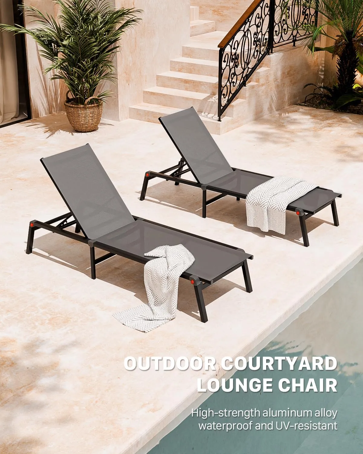 Aluminum Chaise Foldable Patio Lounge Chair Outdoor,Adjustable 5-Position Recliner Pool Lounge Chair,Full Flat Tanning Chair for Patio,Beach,Pool,Outdoor Lounge Chairs,Gray