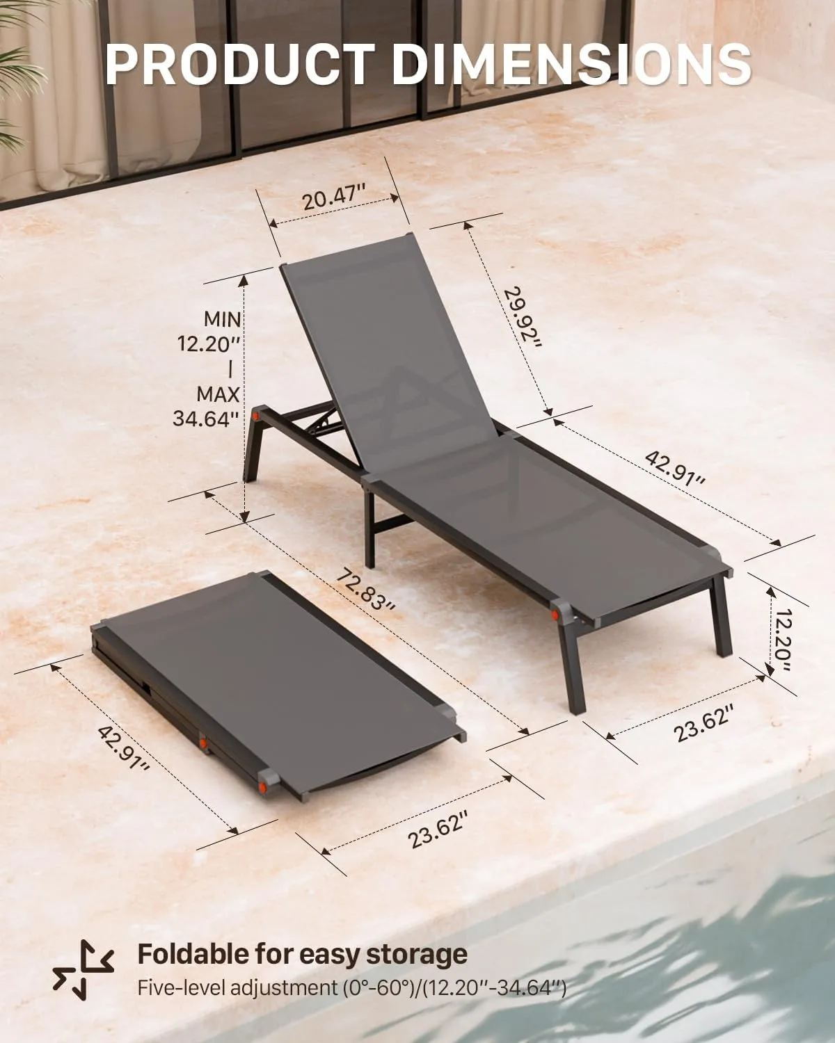 Aluminum Chaise Foldable Patio Lounge Chair Outdoor,Adjustable 5-Position Recliner Pool Lounge Chair,Full Flat Tanning Chair for Patio,Beach,Pool,Outdoor Lounge Chairs,Gray