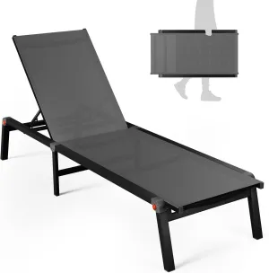 Aluminum Chaise Foldable Patio Lounge Chair Outdoor,Adjustable 5-Position Recliner Pool Lounge Chair,Full Flat Tanning Chair for Patio,Beach,Pool,Outdoor Lounge Chairs,Gray