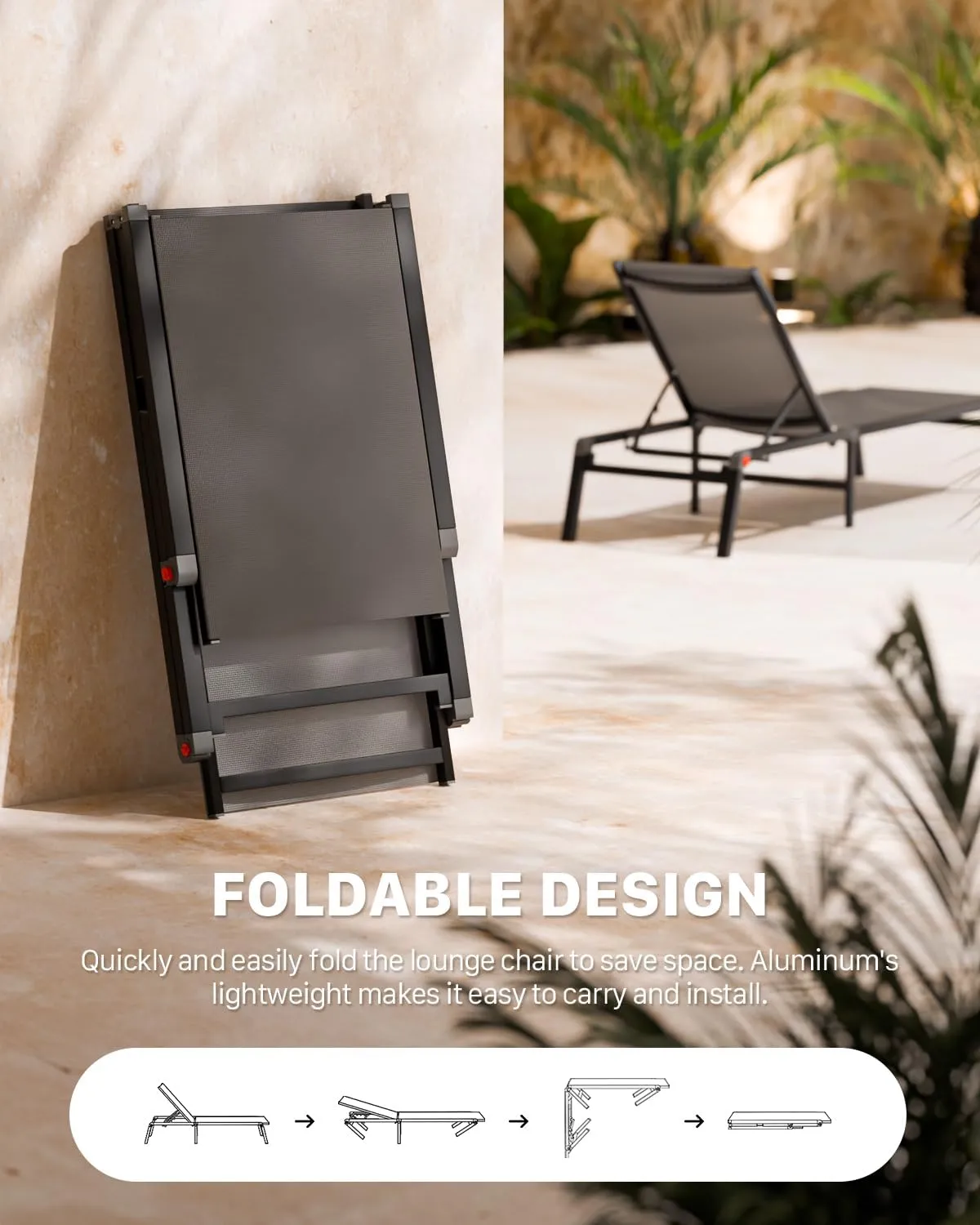 Aluminum Chaise Foldable Patio Lounge Chair Outdoor,Adjustable 5-Position Recliner Pool Lounge Chair,Full Flat Tanning Chair for Patio,Beach,Pool,Outdoor Lounge Chairs,Gray