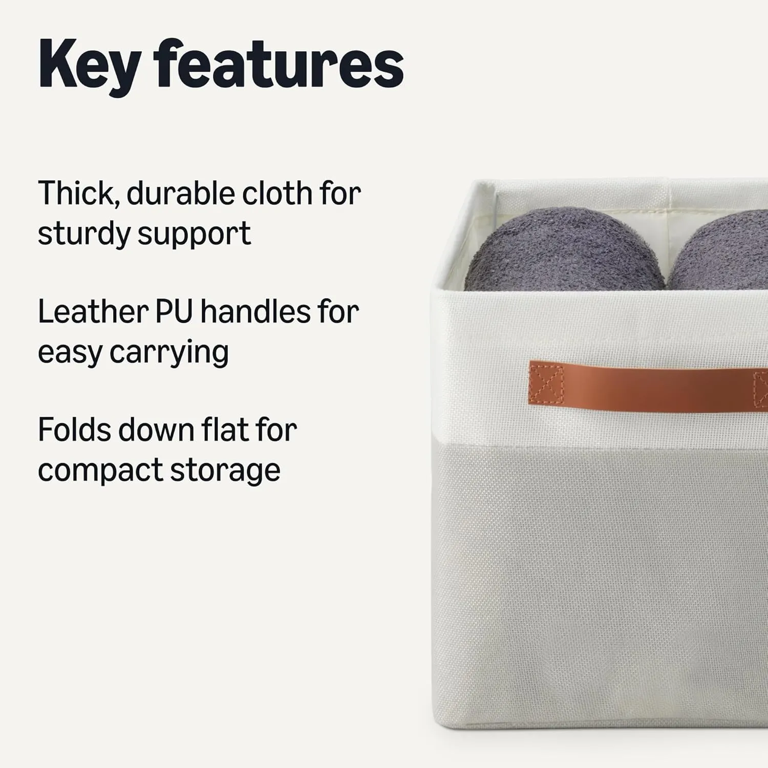 Amazon Basics Collapsible Storage Bins with Leather Handles, Linen, Large, Pack of 3