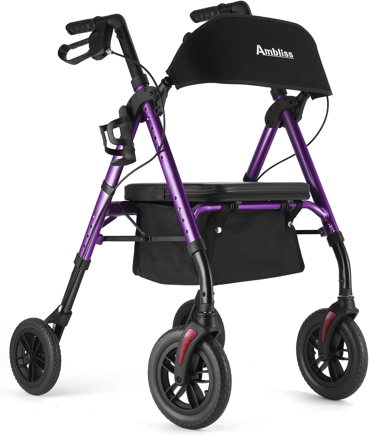 Ambliss 10’’ Front Wheeled Walkers for Seniors,Rollator Walker with Seat and Extra Wide Backrest,Lightweight Collapsible Rolling Walker,Adjustable Height Rolling Walker with Cup & Cane Holder (Purple)