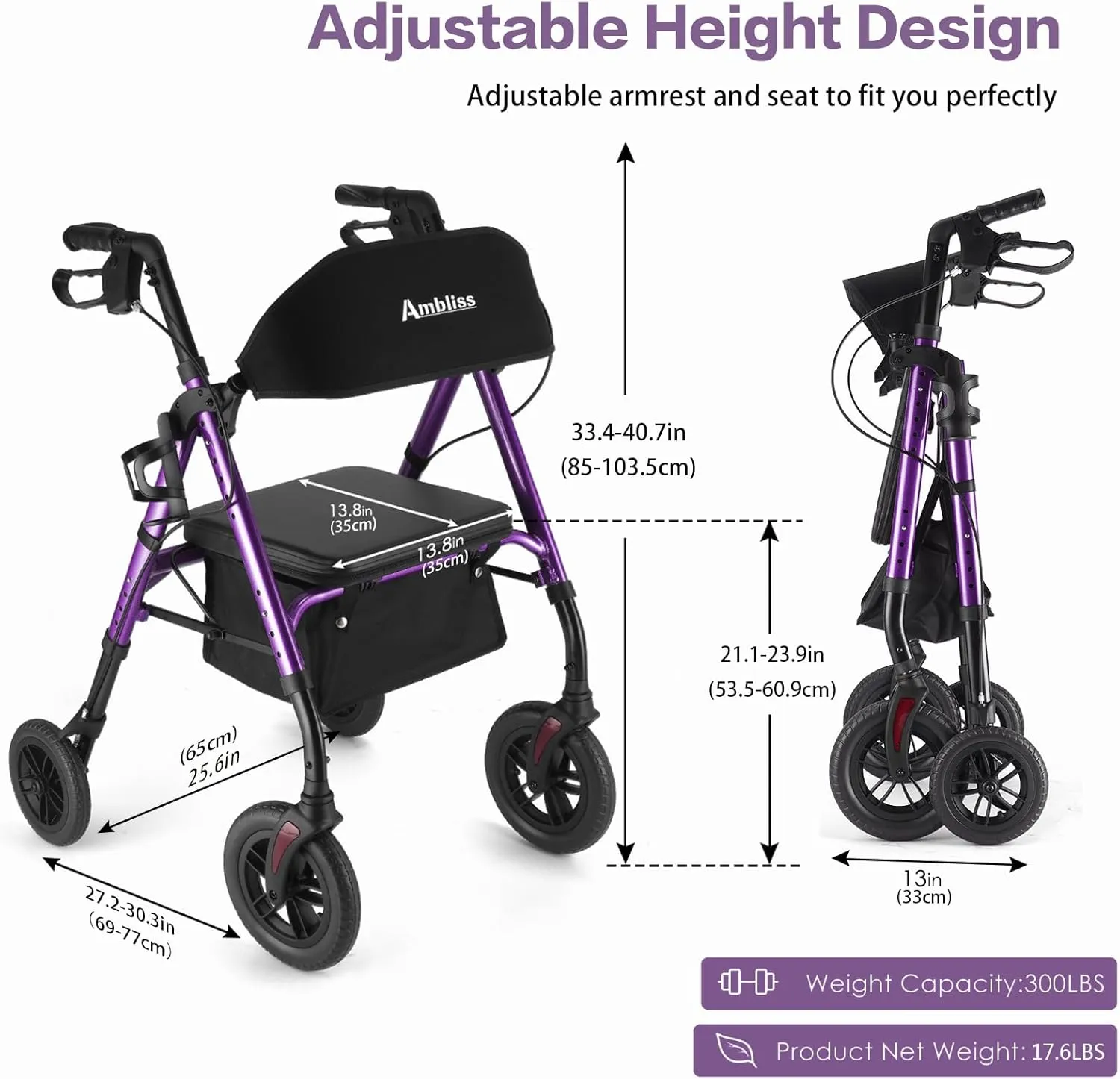 Ambliss 10’’ Front Wheeled Walkers for Seniors,Rollator Walker with Seat and Extra Wide Backrest,Lightweight Collapsible Rolling Walker,Adjustable Height Rolling Walker with Cup & Cane Holder (Purple)