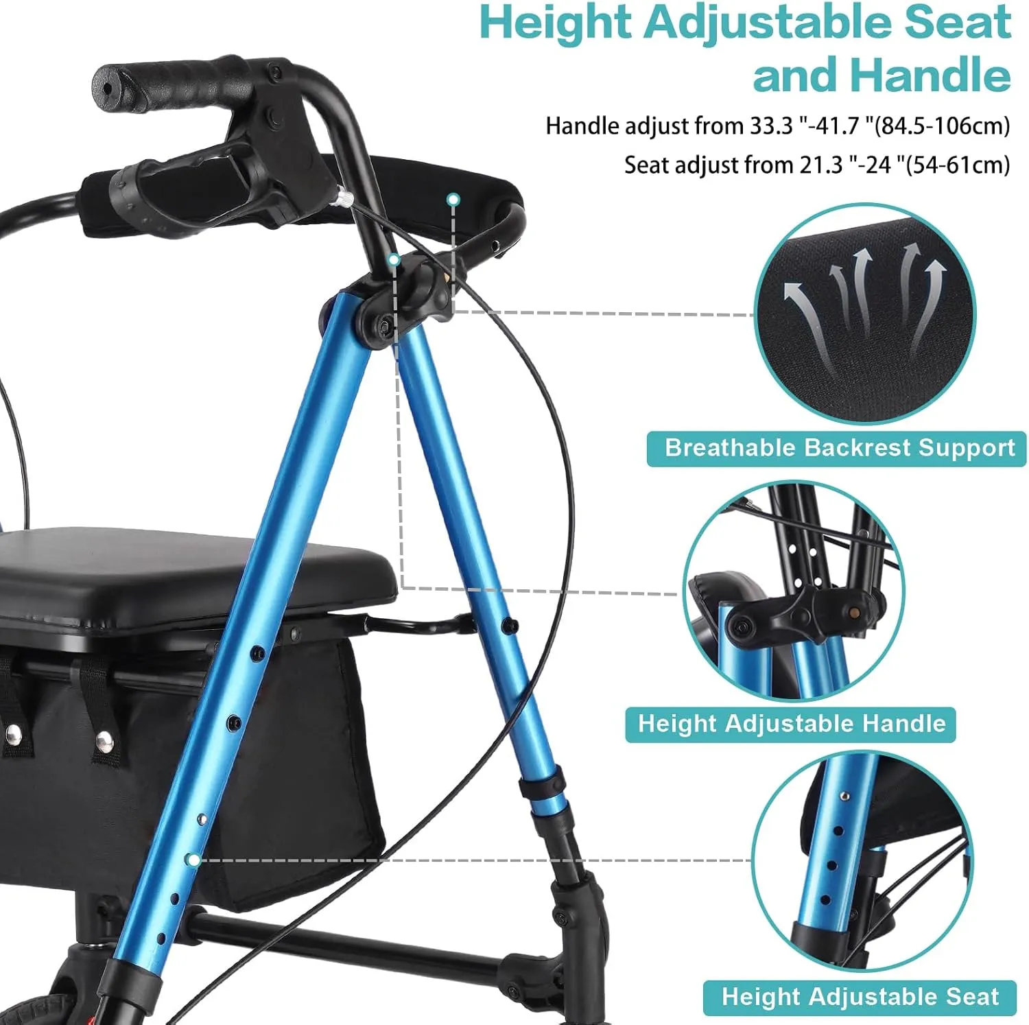 Amblisss Rollator Walker with Seat & Tray, 300 lbs Weight Capacity, 8" Wheels Dual Height Ajustable, Foldable Rolling Walker for Seniors with Basket, Handles Brake Rollator Walker for All-Terrain