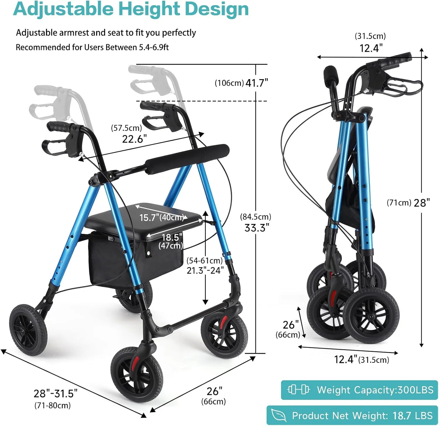 Amblisss Rollator Walker with Seat & Tray, 300 lbs Weight Capacity, 8" Wheels Dual Height Ajustable, Foldable Rolling Walker for Seniors with Basket, Handles Brake Rollator Walker for All-Terrain