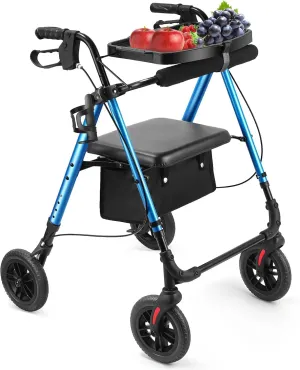 Amblisss Rollator Walker with Seat & Tray, 300 lbs Weight Capacity, 8" Wheels Dual Height Ajustable, Foldable Rolling Walker for Seniors with Basket, Handles Brake Rollator Walker for All-Terrain