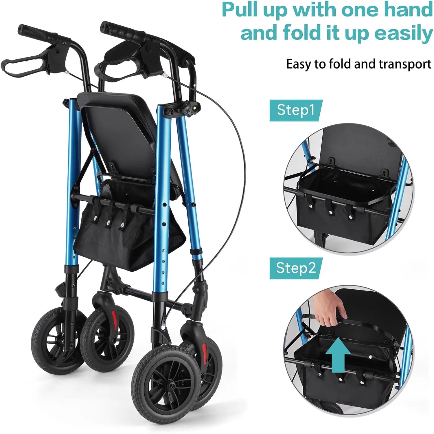 Amblisss Rollator Walker with Seat & Tray, 300 lbs Weight Capacity, 8" Wheels Dual Height Ajustable, Foldable Rolling Walker for Seniors with Basket, Handles Brake Rollator Walker for All-Terrain