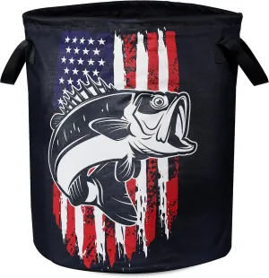 American Flag Bass Fish Laundry Basket Bass Fishing Foldable Oxford Cloth Funny Tote Bag Laundry Hamper Clothes Storage Bucket Organizer For Bathroom/Laundry Storage/Bedroom 17.7x13.7