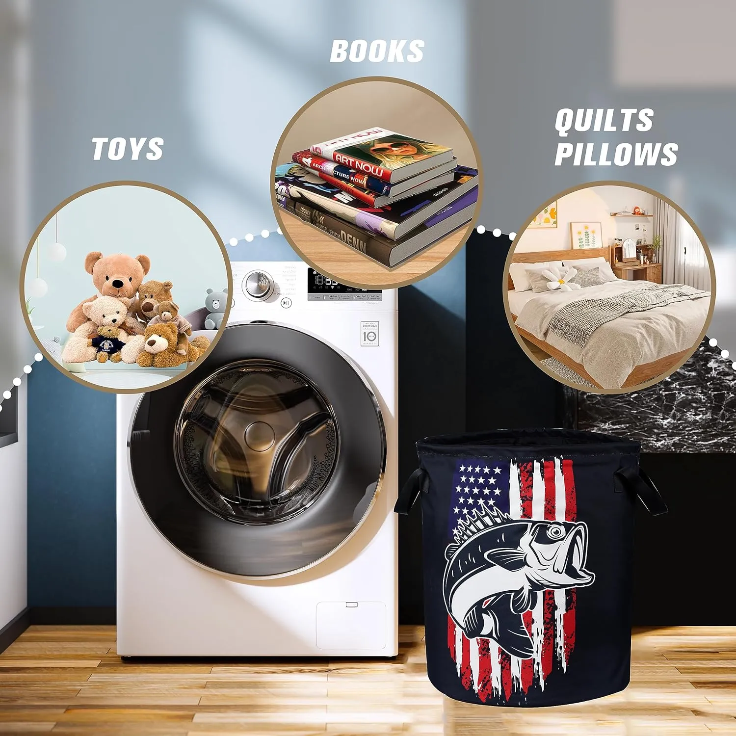 American Flag Bass Fish Laundry Basket Bass Fishing Foldable Oxford Cloth Funny Tote Bag Laundry Hamper Clothes Storage Bucket Organizer For Bathroom/Laundry Storage/Bedroom 17.7x13.7