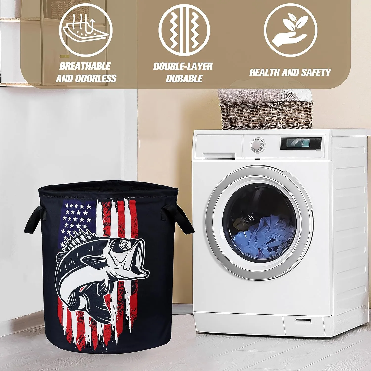 American Flag Bass Fish Laundry Basket Bass Fishing Foldable Oxford Cloth Funny Tote Bag Laundry Hamper Clothes Storage Bucket Organizer For Bathroom/Laundry Storage/Bedroom 17.7x13.7