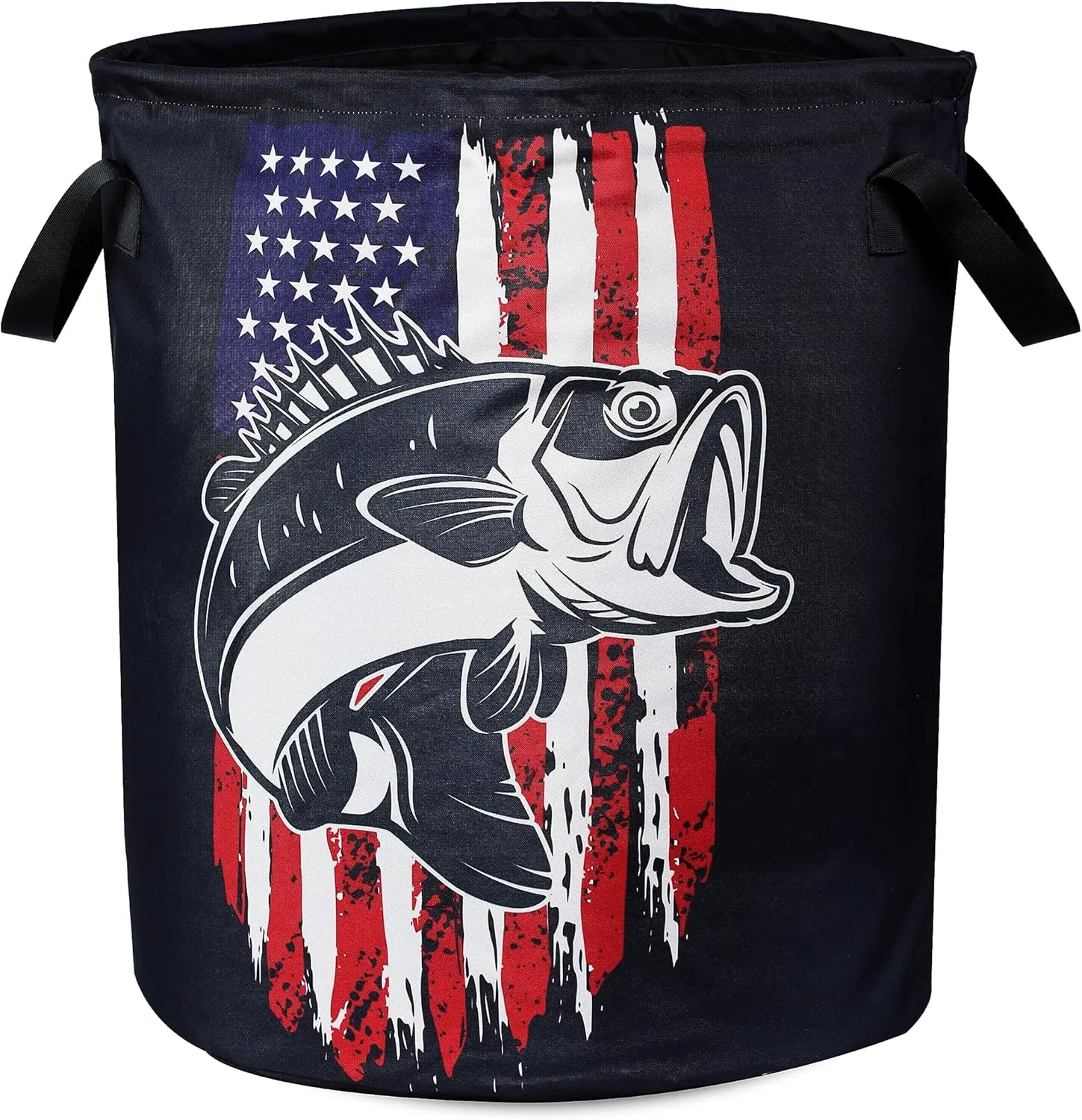 American Flag Bass Fish Laundry Basket Bass Fishing Foldable Oxford Cloth Funny Tote Bag Laundry Hamper Clothes Storage Bucket Organizer For Bathroom/Laundry Storage/Bedroom 17.7x13.7