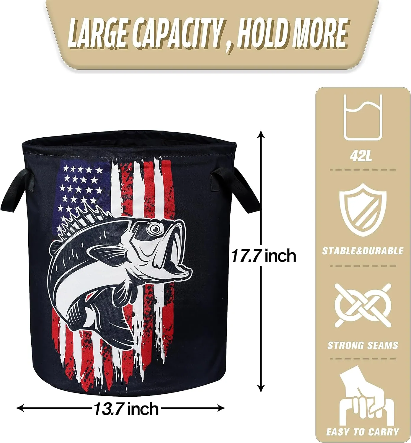 American Flag Bass Fish Laundry Basket Bass Fishing Foldable Oxford Cloth Funny Tote Bag Laundry Hamper Clothes Storage Bucket Organizer For Bathroom/Laundry Storage/Bedroom 17.7x13.7