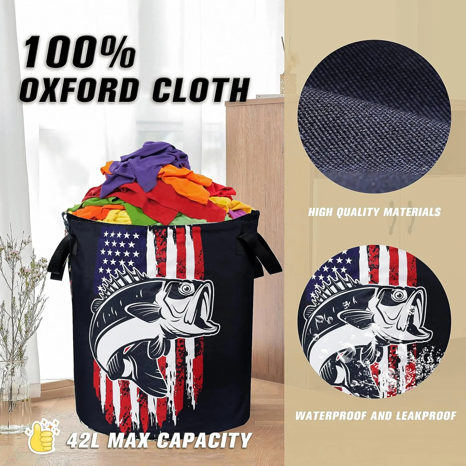American Flag Bass Fish Laundry Basket Bass Fishing Foldable Oxford Cloth Funny Tote Bag Laundry Hamper Clothes Storage Bucket Organizer For Bathroom/Laundry Storage/Bedroom 17.7x13.7
