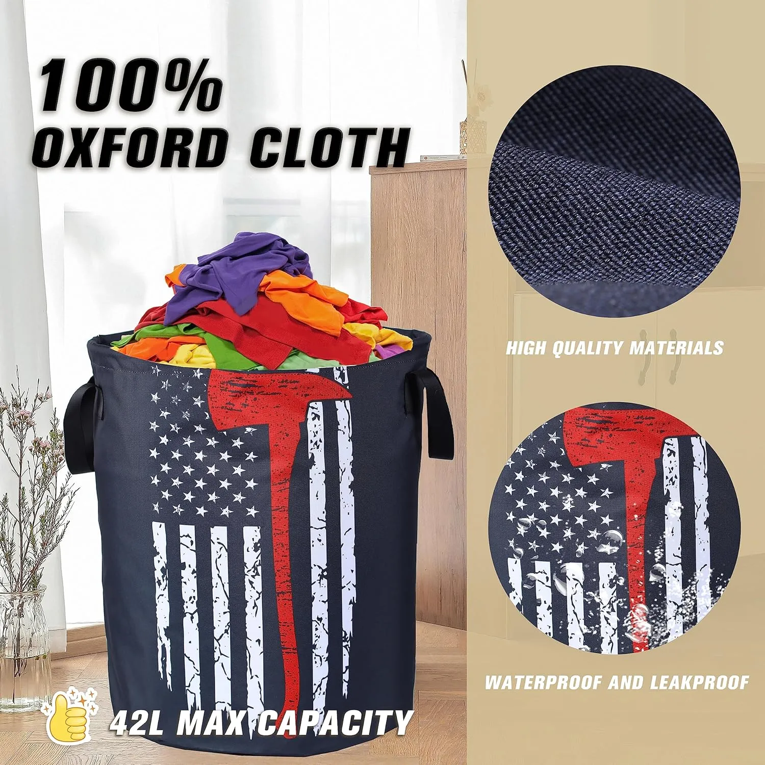 American Flag Red Line Ax Laundry Basket Firemen Foldable Oxford Cloth Funny Tote Bag Laundry Hamper Clothes Storage Bucket Organizer For Bathroom/Laundry Storage /Bedroom17.7x13.7Inch